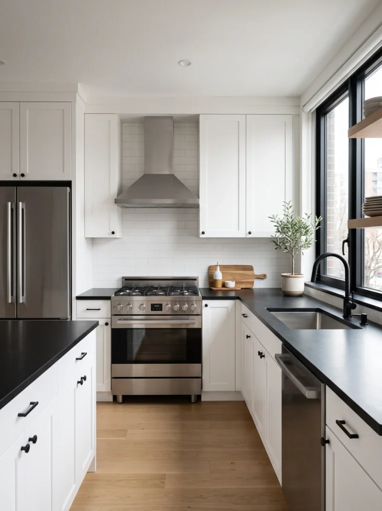 Black countertops with white cabinets