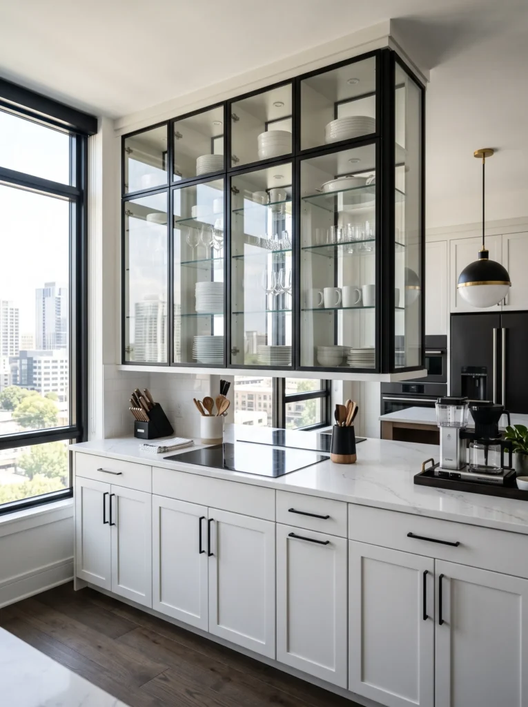 Black framed glass cabinet doors