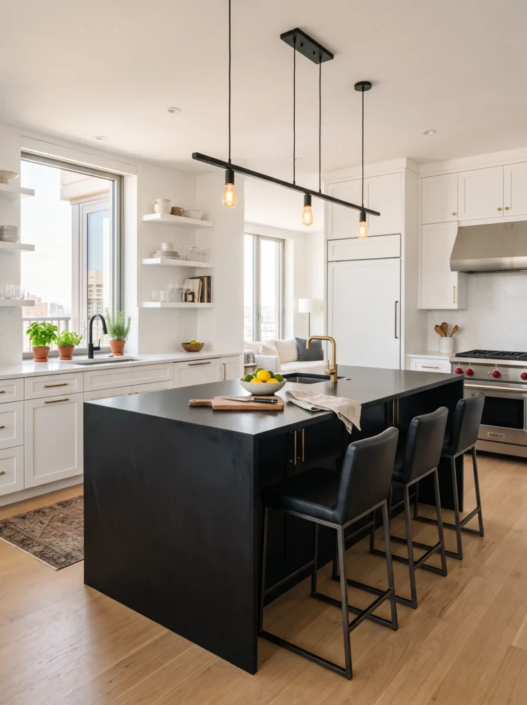 Black kitchen island with white surroundings