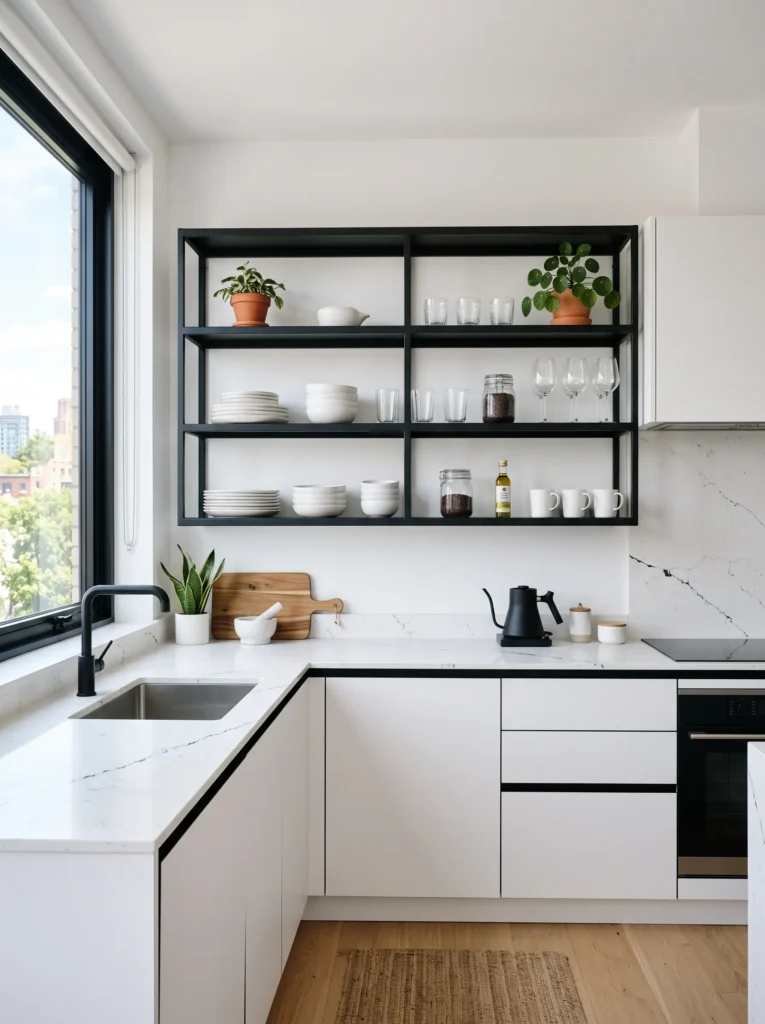 Black open shelving against white walls