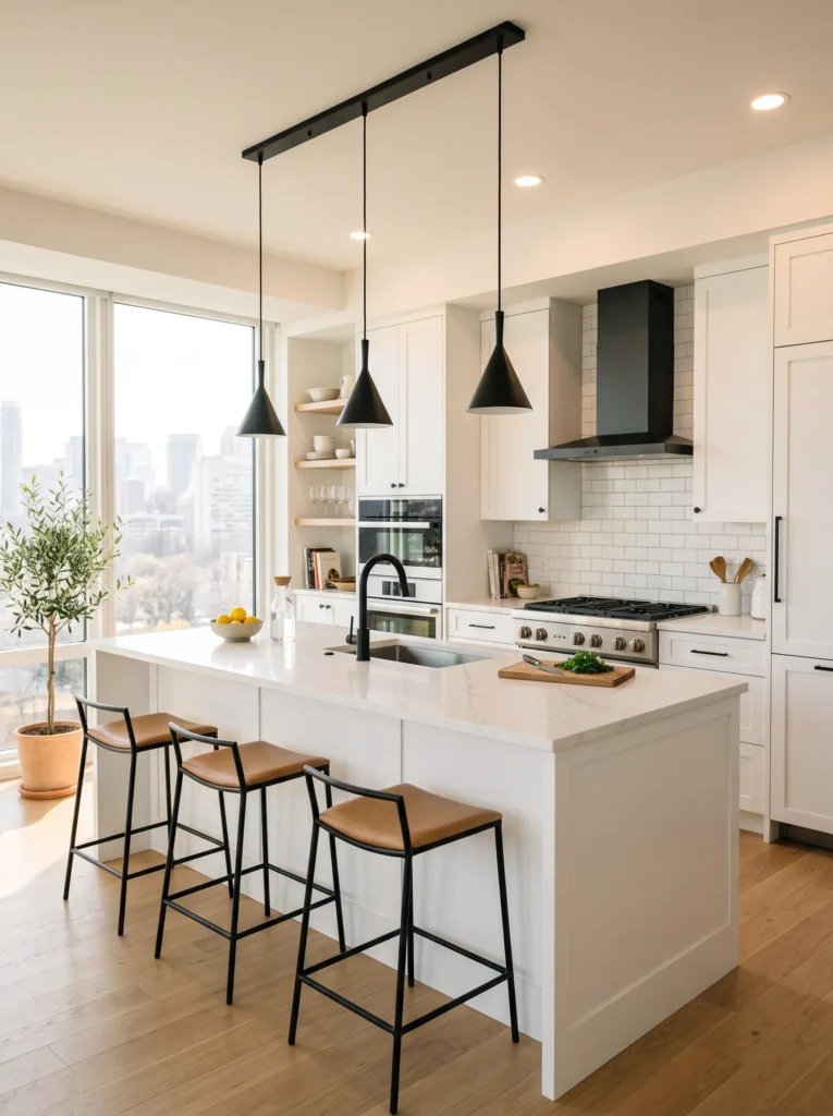 Black pendant lights over a white island