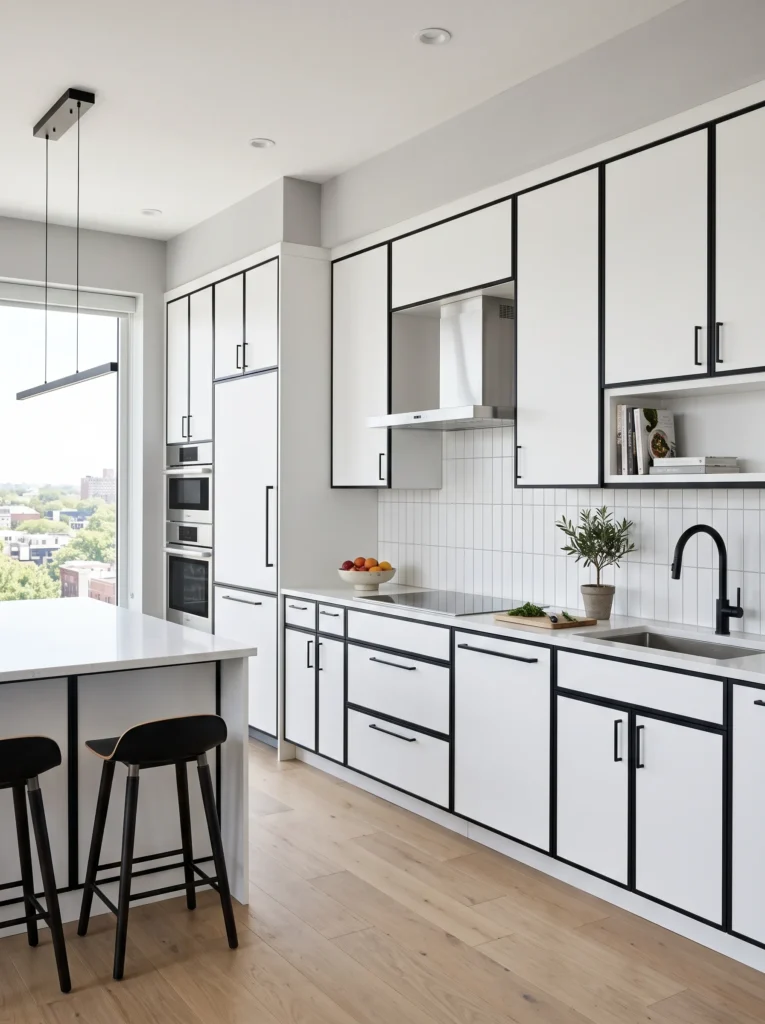 Black trim around white cabinets