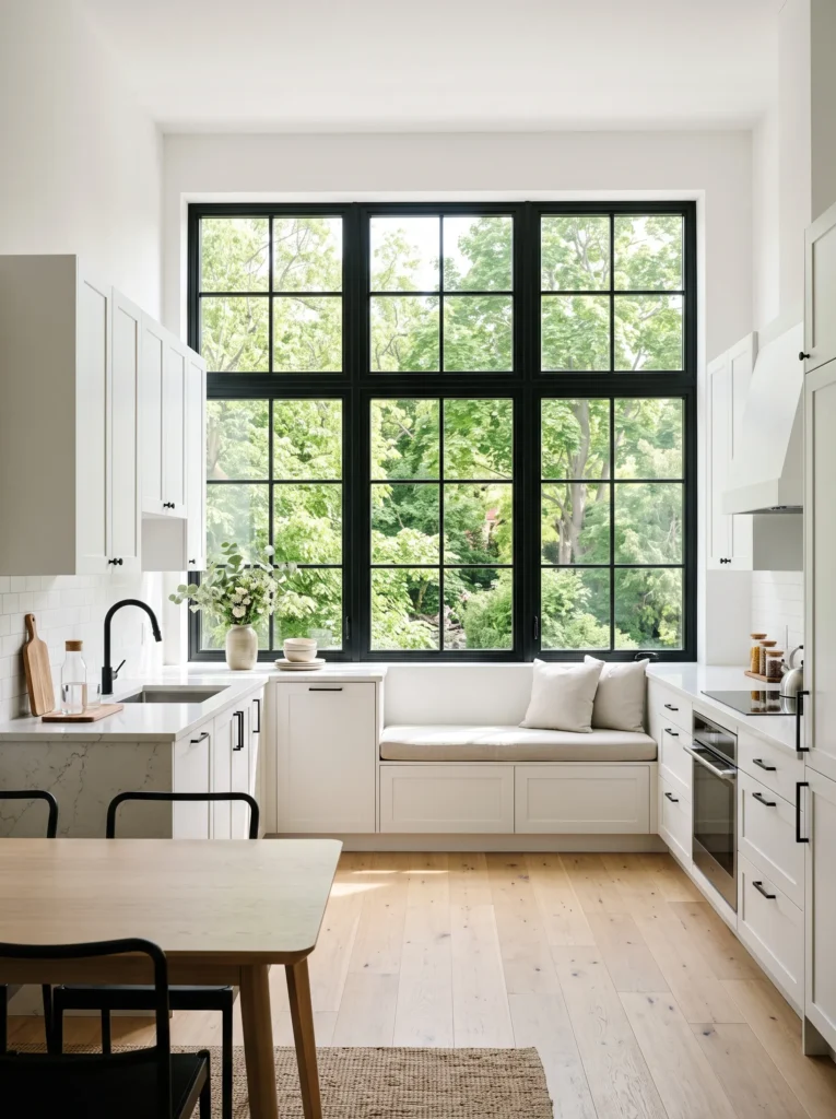 Black window frames in a white kitchen