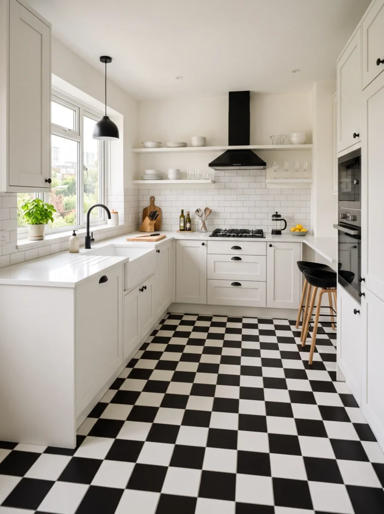 Black and white checkerboard flooring