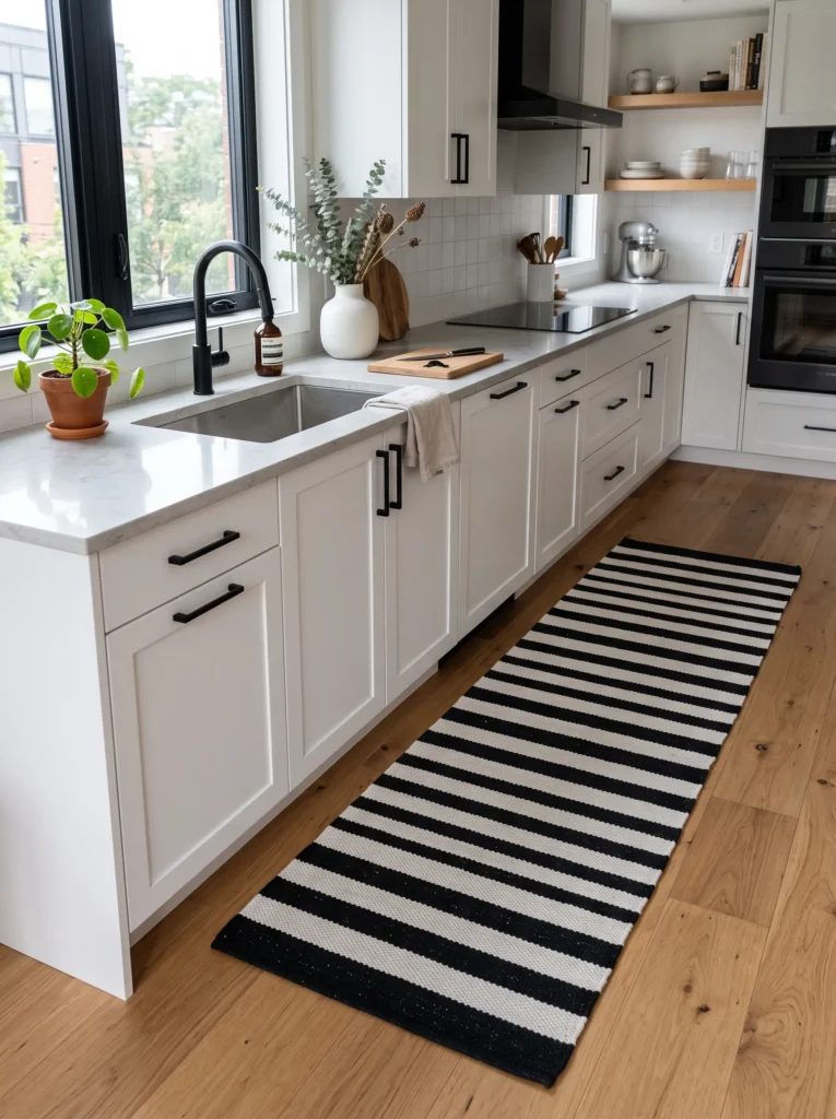 Black and white striped or patterned rugs