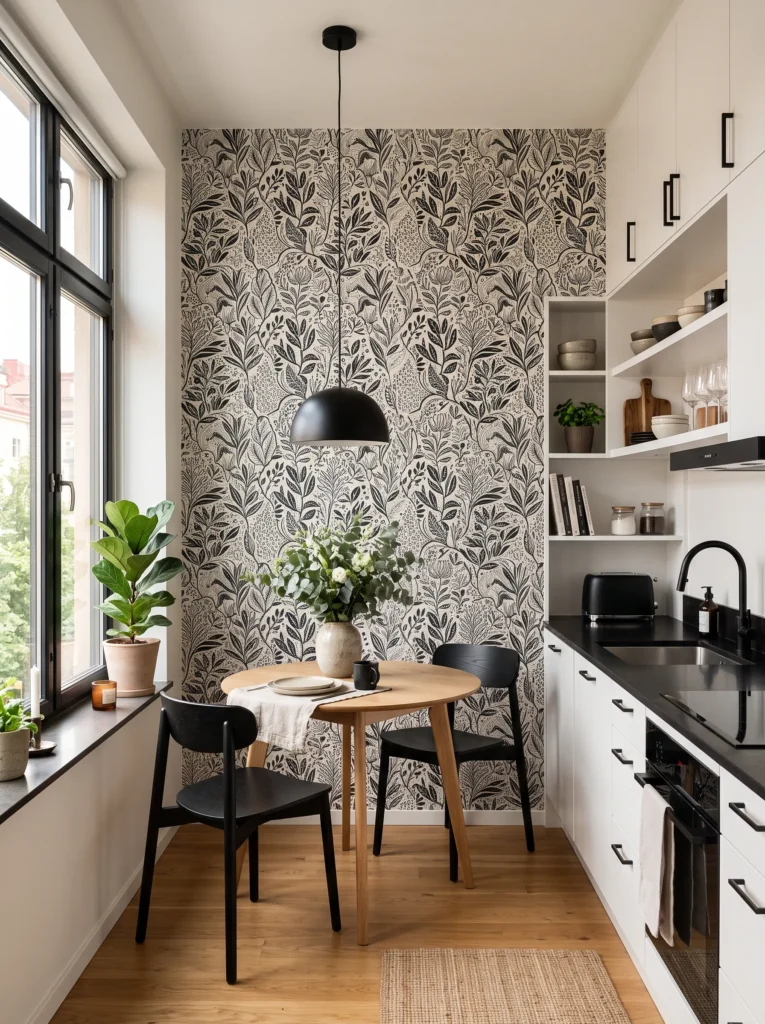 Black and white wallpaper as a feature wall