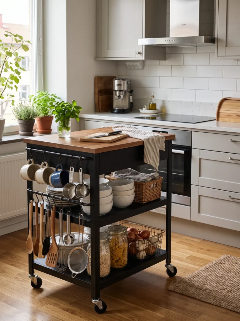 Cart with hooks for hanging utensils
