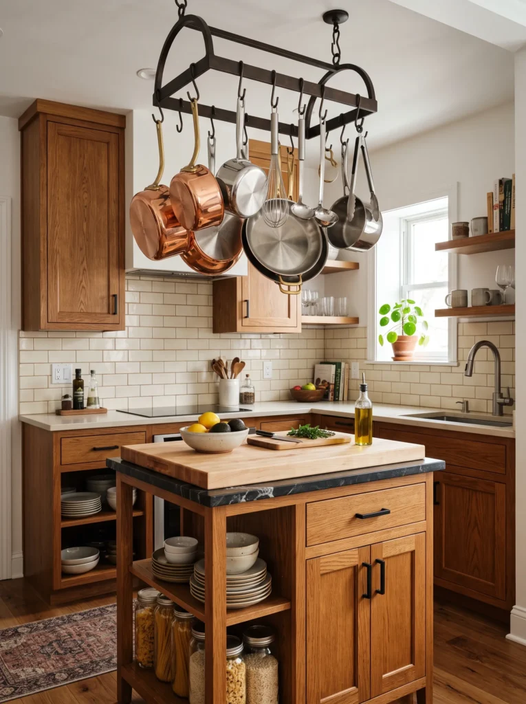 Ceiling mounted pot racks free up kitchen cabinets