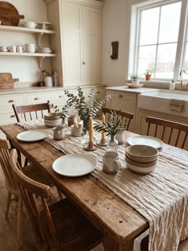 Choose a farmhouse style table runner and dishware