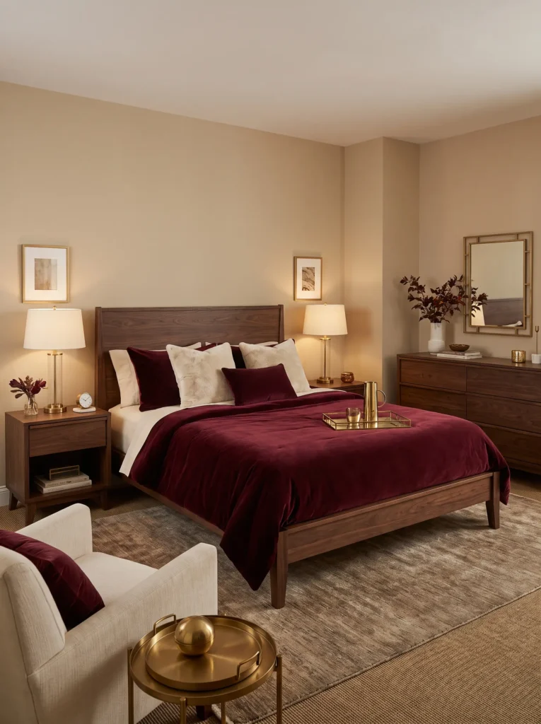 Dark wood furniture paired with wine red