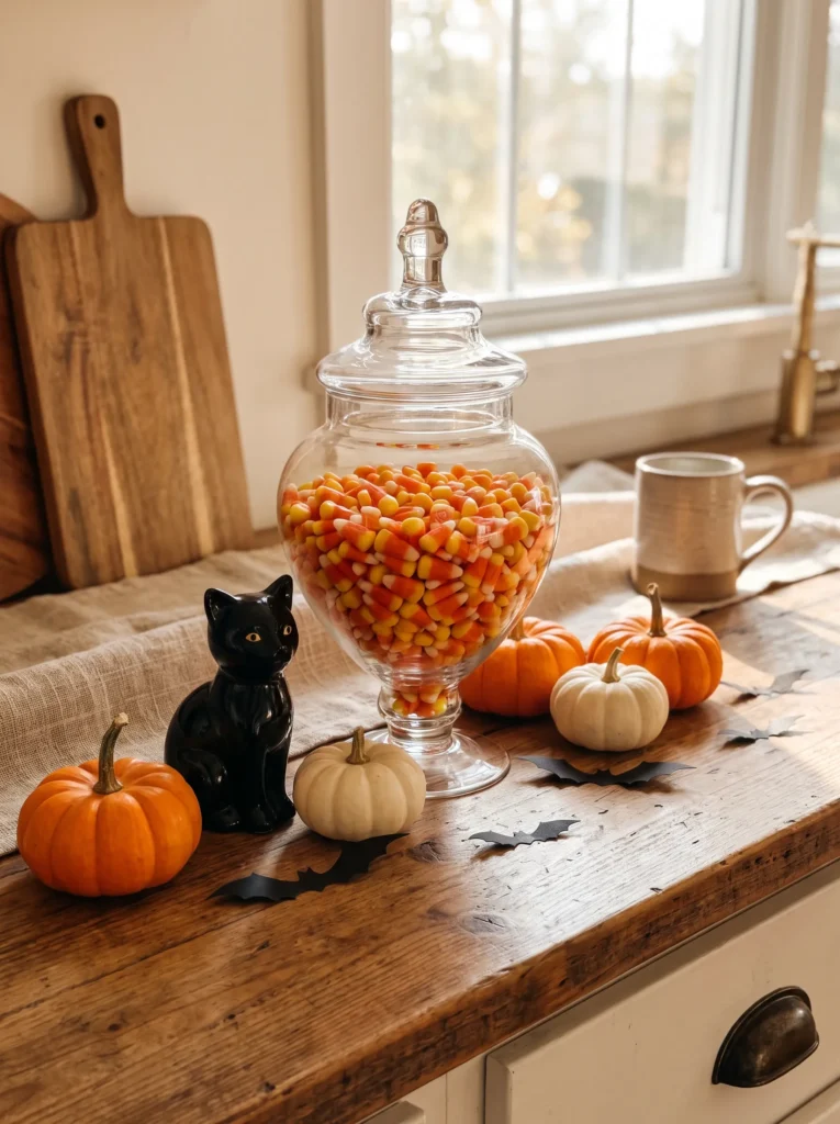 Fill a glass jar with candy corn