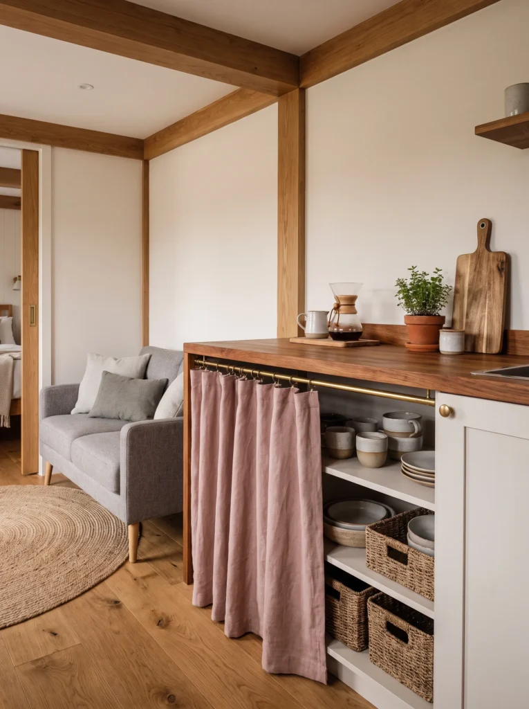 Hang curtains to hide kitchen storage