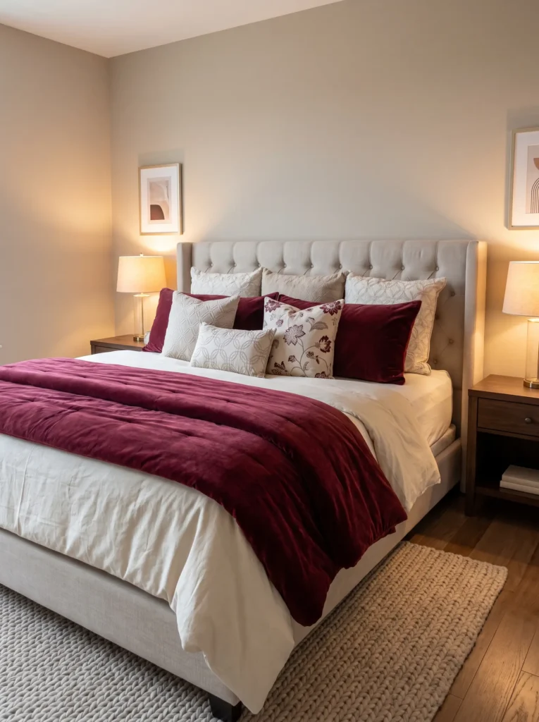 Layered bedding in wine red and cream