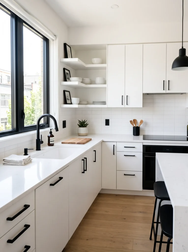 Matte black fixtures against white walls