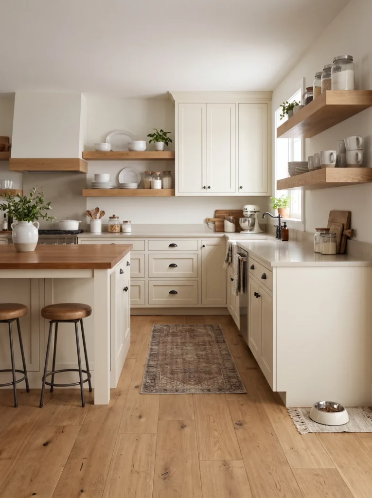 Mix open shelving with closed cabinets