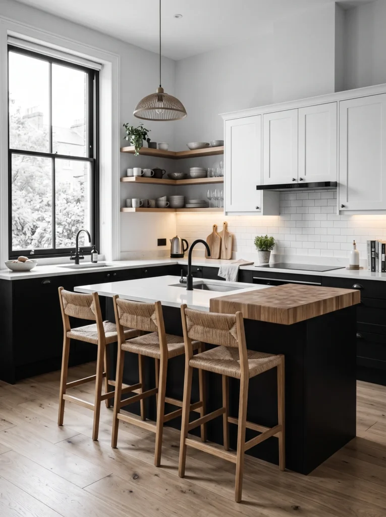 Monochrome kitchen with wood accents