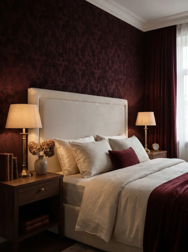 Moody wallpaper with wine red undertones