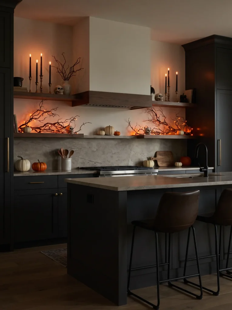 Style a haunted mantel look near open shelving