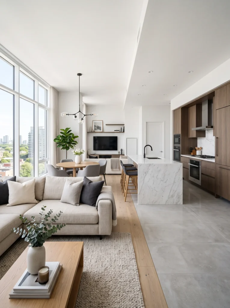 The open concept kitchen and living combo