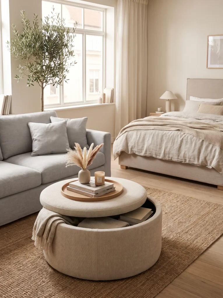 Use a storage ottoman as a coffee table