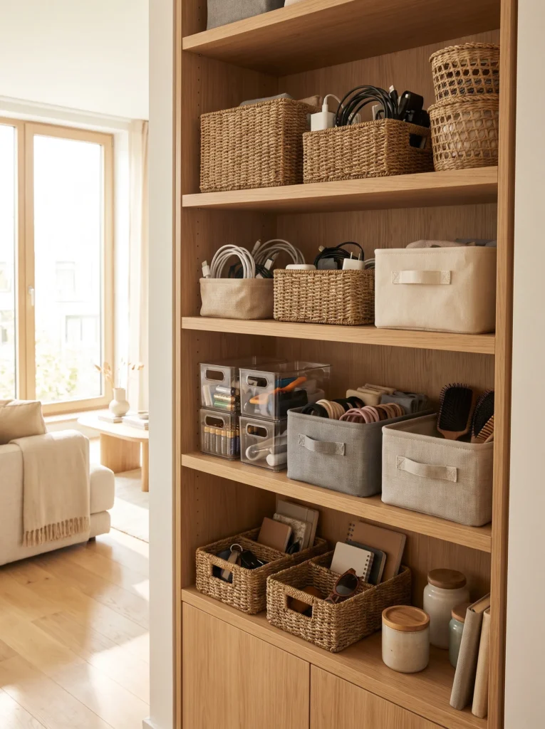 Use baskets and bins to group small items