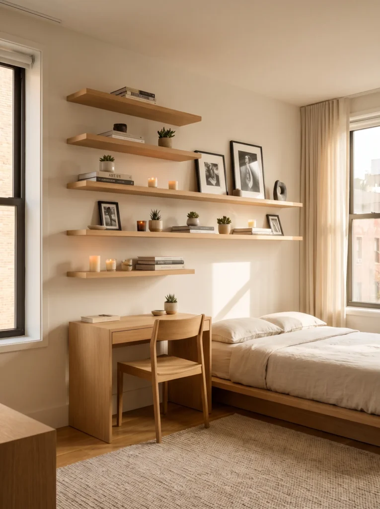 Use floating shelves instead of bulky cabinets