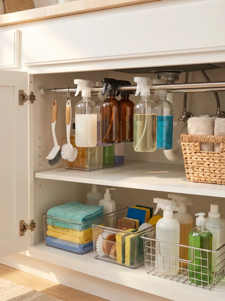Use tension rods to organize cleaning supplies