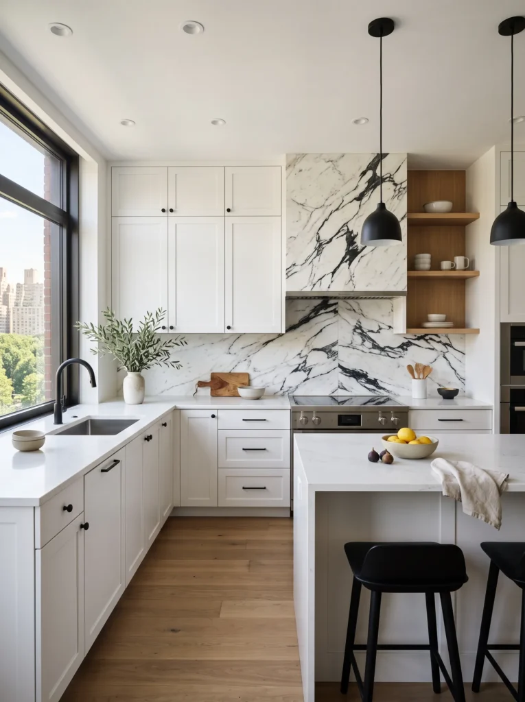 White marble backsplash with black veining