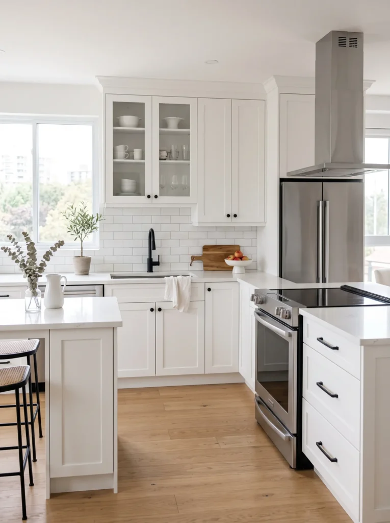 White shaker cabinets with black hardware