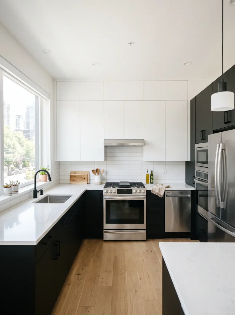 White upper cabinets, black lower cabinets