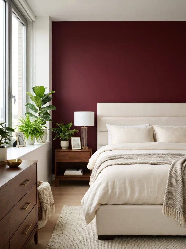 Wine red bedroom with botanical touches