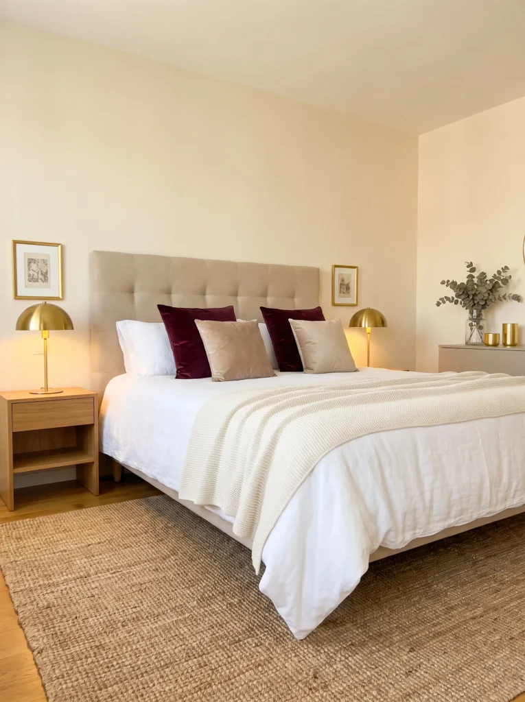 Wine red throw pillows on a neutral bed